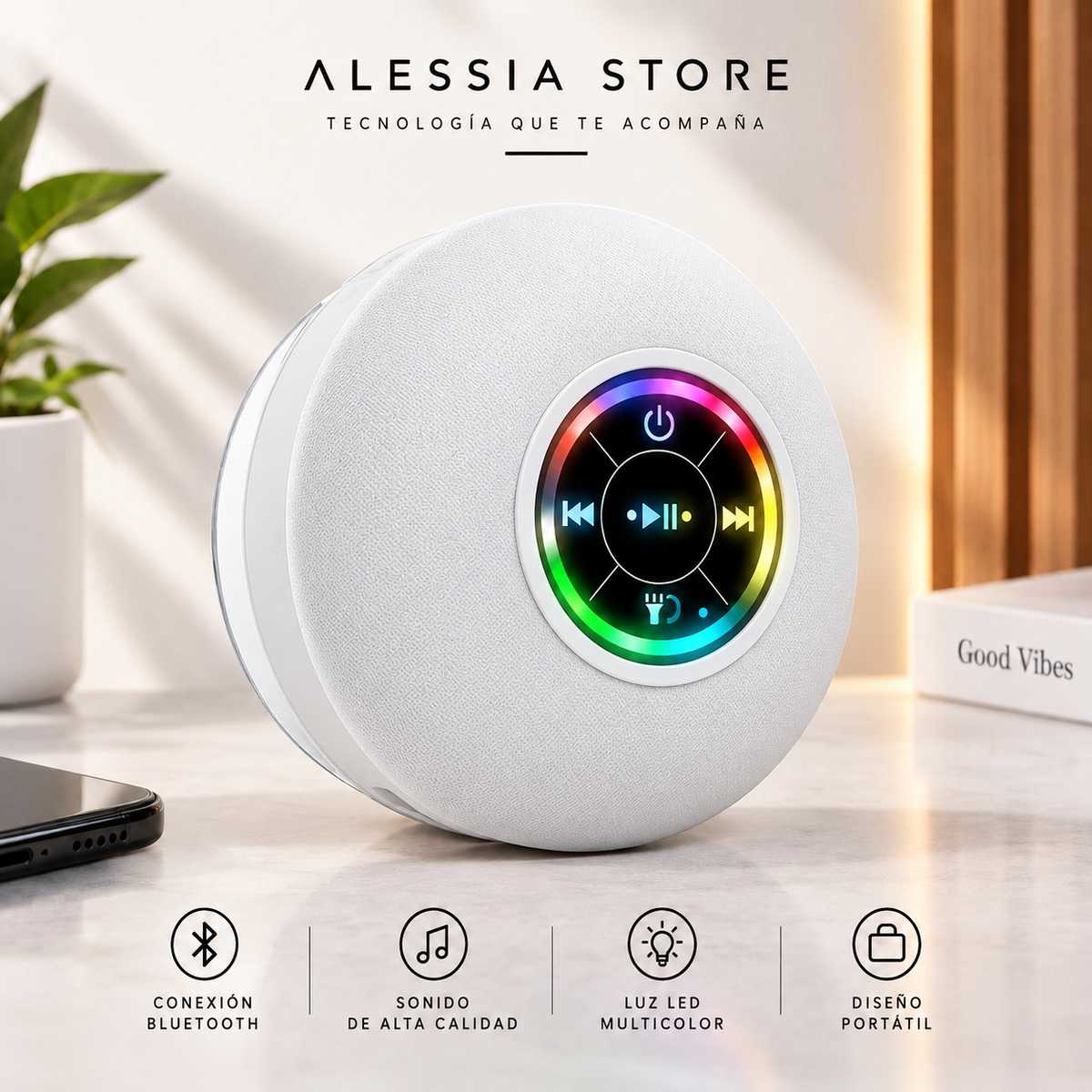 Altavoz Bluetooth 5.0 LED Impermeable con Ventosa